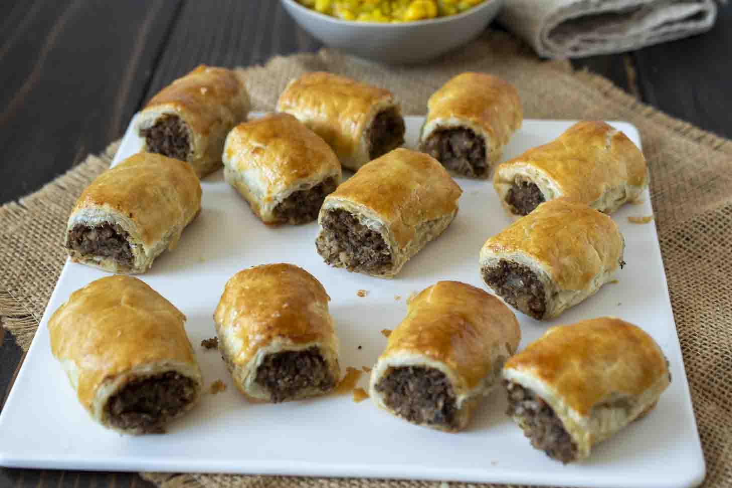 Classic British sausage rolls with mushrooms and onion